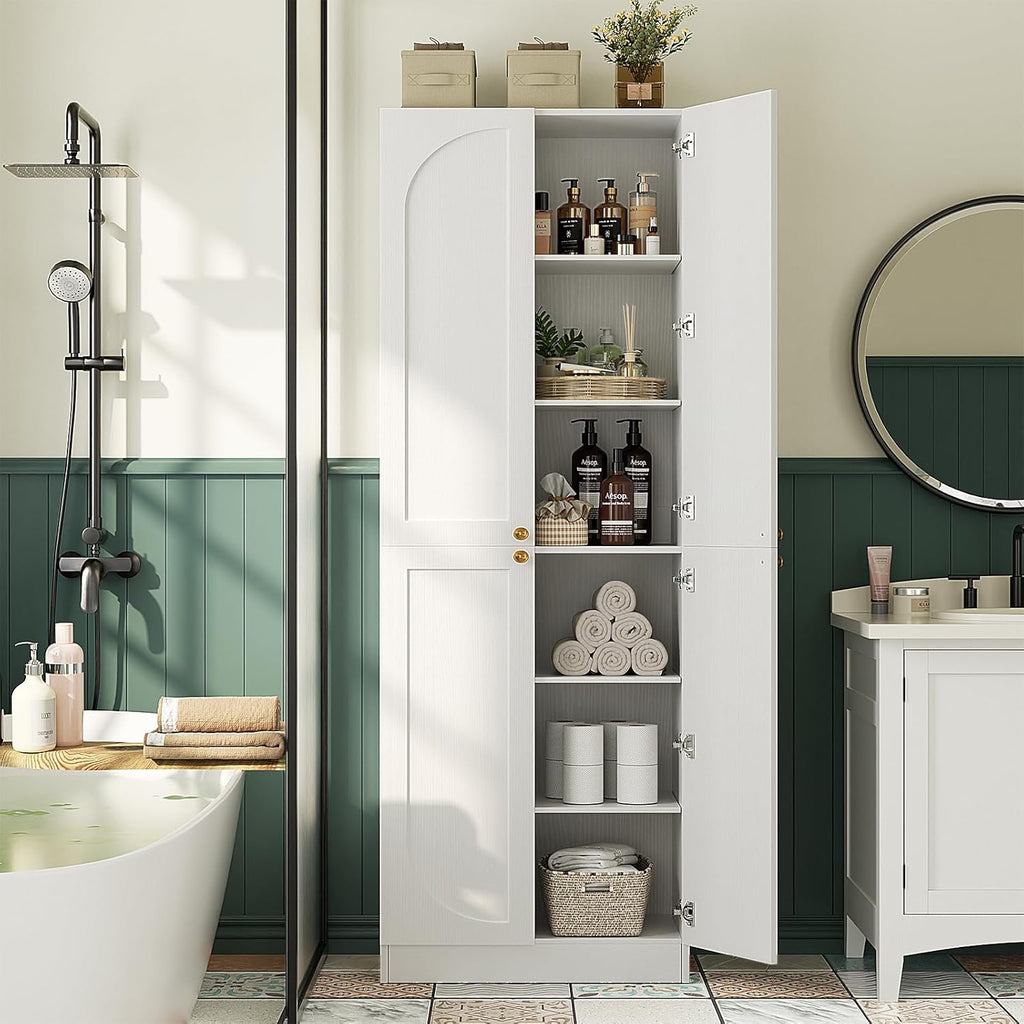 Cyclysio 80" Kitchen Pantry with 4 Soft Close Doors, Seamless Fit Wall | Extra Tall Arch Storage Cabinet with Adjustable Shelves, Freestanding Wood Cupboard for Dining Living Room Bathroom Furniture