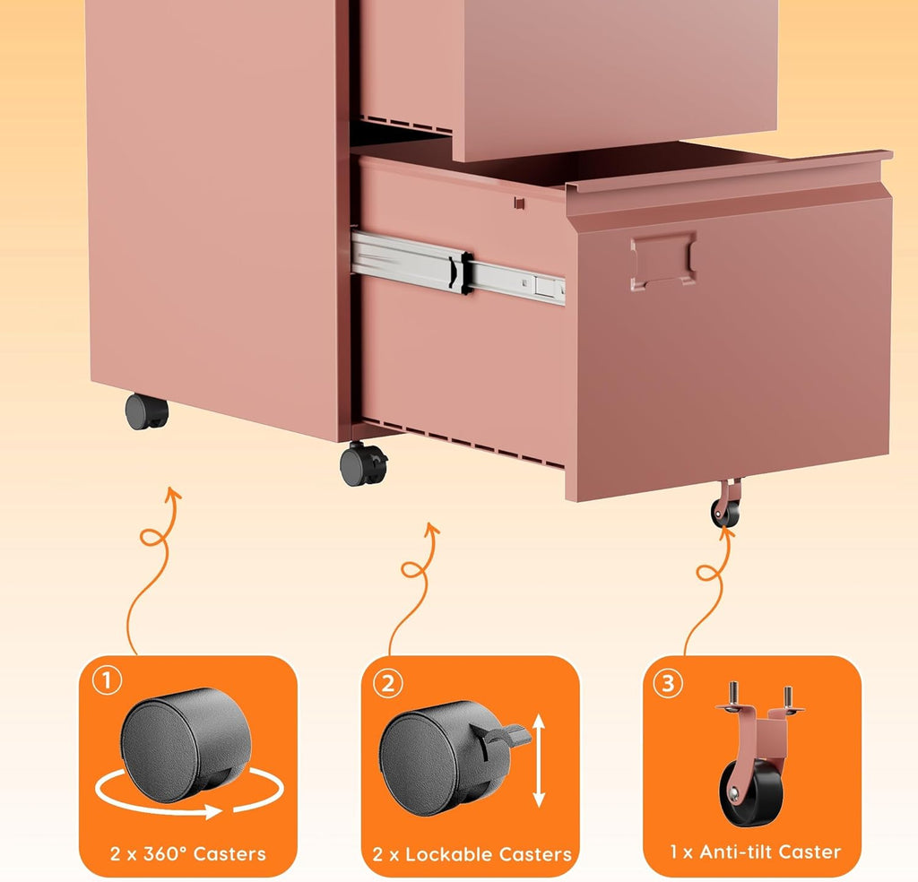 METAN 2 Drawer Metal File Cabinet with Lock, Mobile Rolling Filing Cabinet for Home Office, Under Desk Storage Holds Letter & Legal Size, 17.32" D x 14.56" W x 25.6" H, Assembly Required, Pink