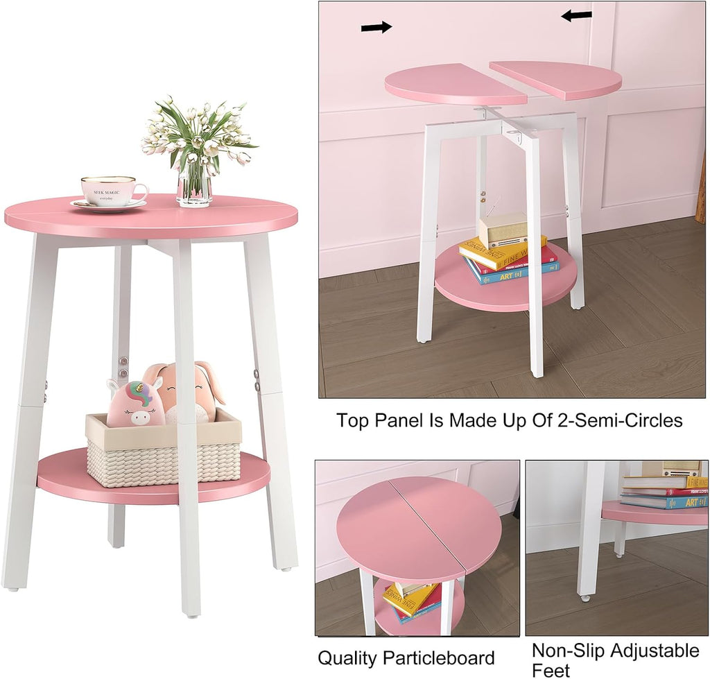 sthmec Side Table, Small Round End Table with Storage Shelf for Small Space, 2-Tier Bedside Table Sofa Couch Table, Round Accent Table Nighstands for Living Room, Bedroom, Pink