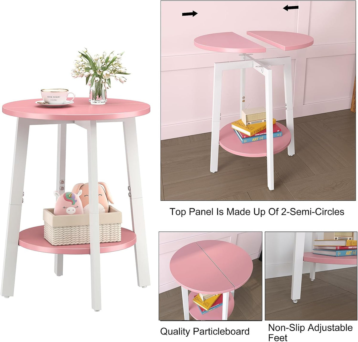sthmec Side Table, Small Round End Table with Storage Shelf for Small Space, 2-Tier Bedside Table Sofa Couch Table, Round Accent Table Nighstands for Living Room, Bedroom, Pink