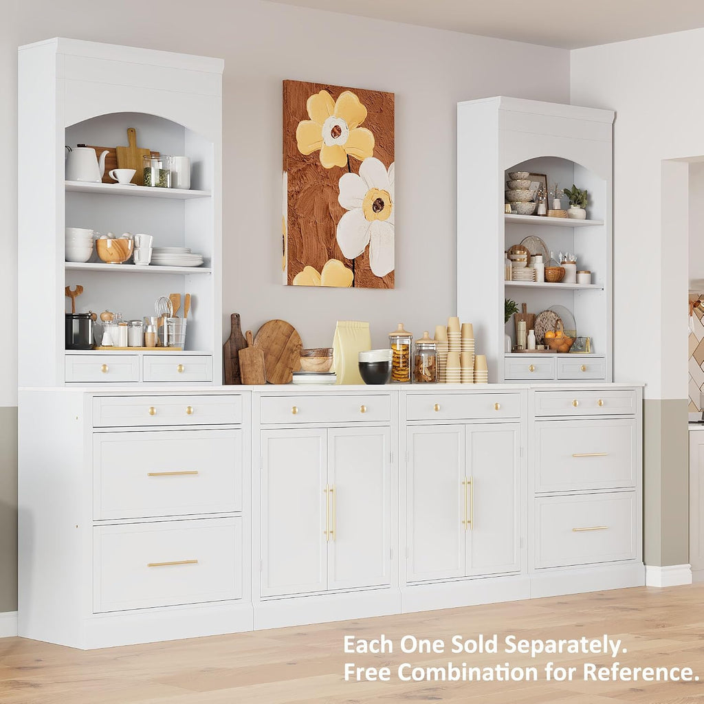 Mirightone 83.7Inch Tall Kitchen Pantry Cabinet, Corner Cabinet with 5 Storage Drawers and Adjustable Shelf, Freestanding Kitchen Pantry with Faux Marble Top, Set of 2, White