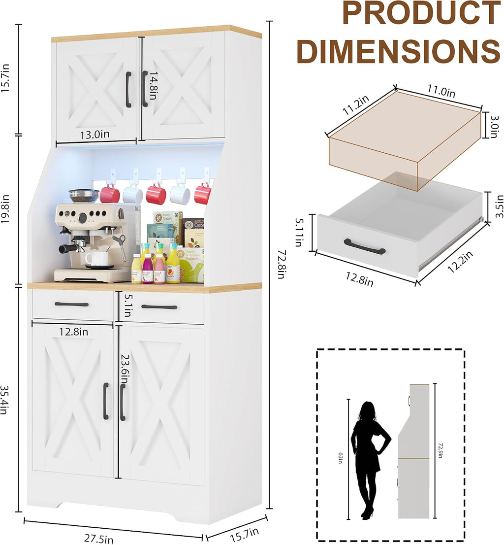 DreamDashio 73" Tall Pantry Cabinet with Charging Station & LED Light, Kitchen Pantry Storage Cabinet with Microwave Stand, Farmhouse Kitchen Hutch with 2 Storage Drawers and 6 Hooks for Dining Room