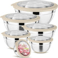 P&P CHEF Khaki Mixing Bowls Set of 6, Stainless Steel Mixing Bowl with Visible Lids for Salad, Metal Nesting Serving Bowls for Kitchen Cooking Prepping Storing Food, 4.6/3.5/2.6/2/1.5/1 QT