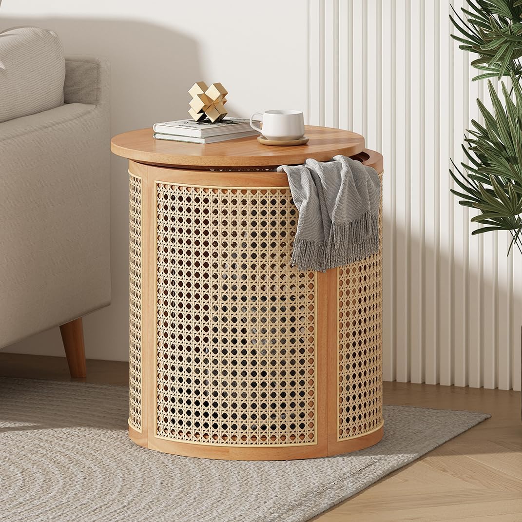 Hollow Woven Rattan Side Table, Round End Table for Living Room, Coffee Table for Small Space, Easy Assembly (Natural)