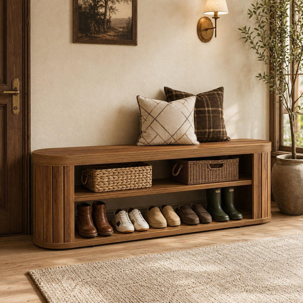 Tribesigns 47.2 in. 3-Tier Entryway Bench with Shoe Storage,Farmhouse Wooden Foyer Bench with Adjustable Foot Pads,End of Bed Bench for Hallway,Bedroom,Entryway (Brown)