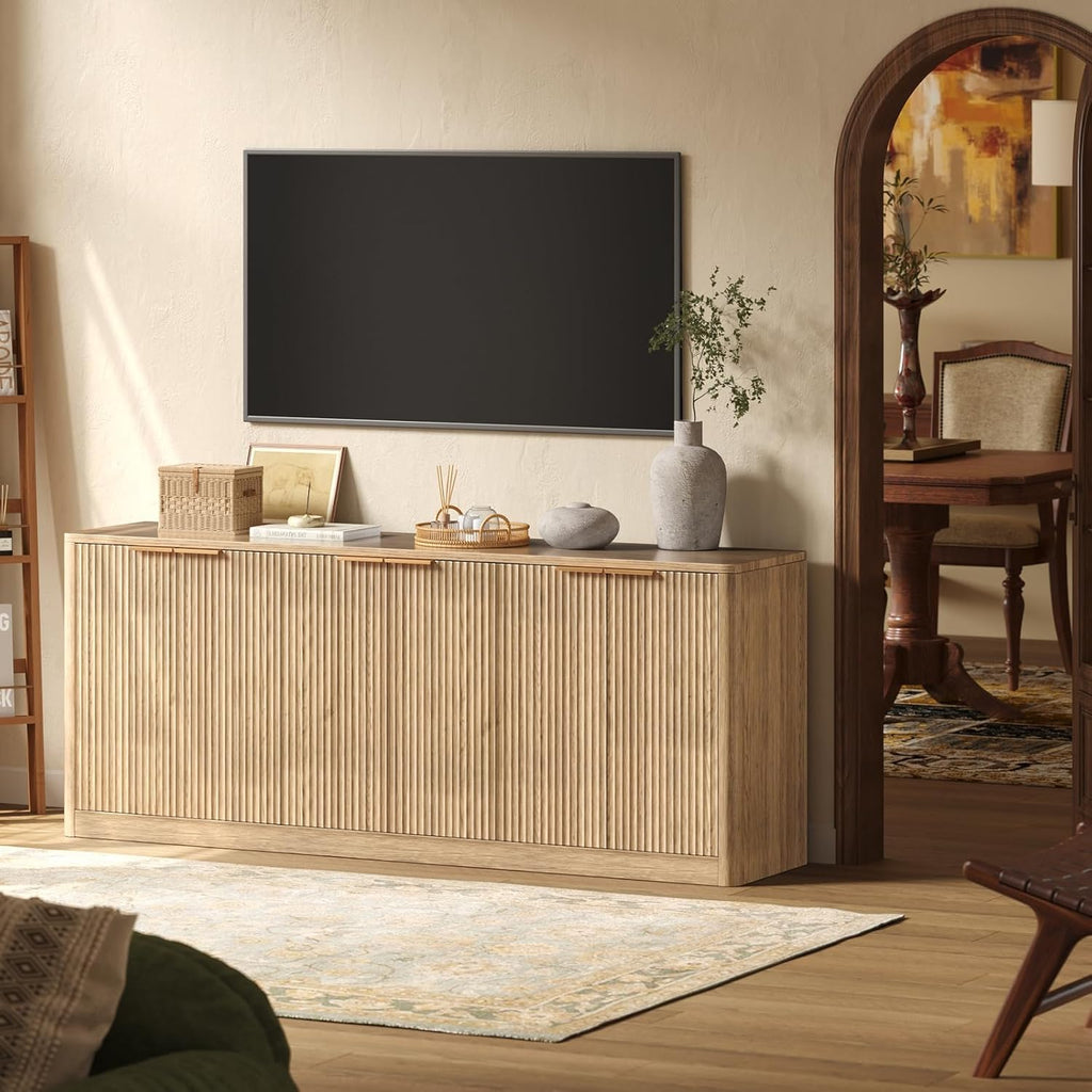 67 Inch Fluted Oak Buffet Cabinet Sideboard with 6 Doors, Large Wood Credenza Storage Cabinet, Mid Century Modern Sideboard for Kitchen and Living Room, 67"×31.5"×15.7"