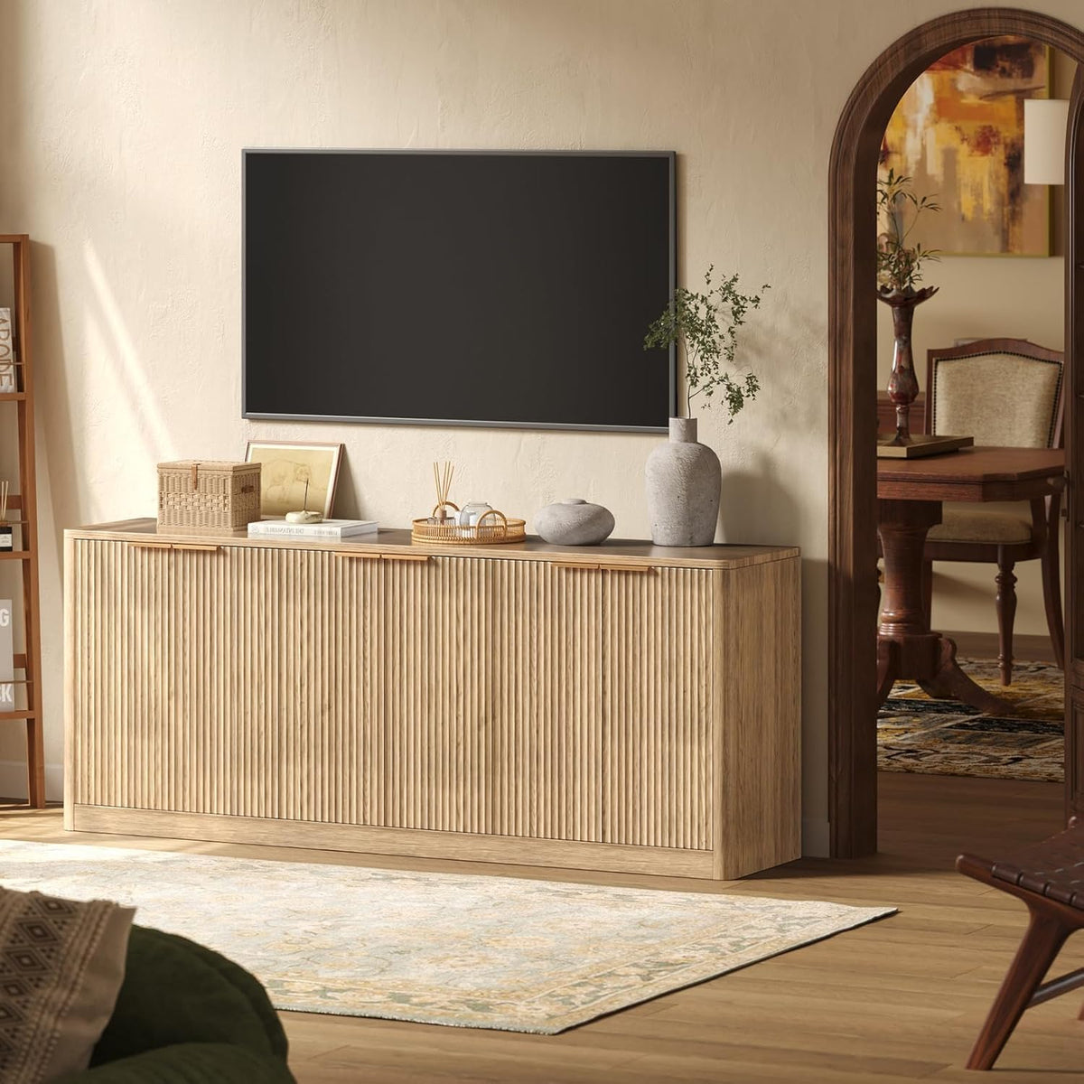 67 Inch Fluted Oak Buffet Cabinet Sideboard with 6 Doors, Large Wood Credenza Storage Cabinet, Mid Century Modern Sideboard for Kitchen and Living Room, 67"×31.5"×15.7"