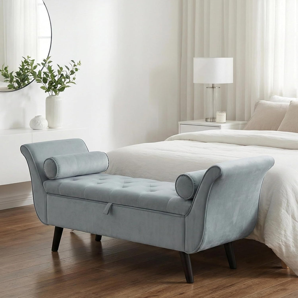 Velvet Bench for Bedroom End of Bed, 60.5 inch Upholstered Button Tufted Ottoman Bench with Rolled Arms, Button-Tufted Ottoman for Living Room, Entryway (Light Grey)