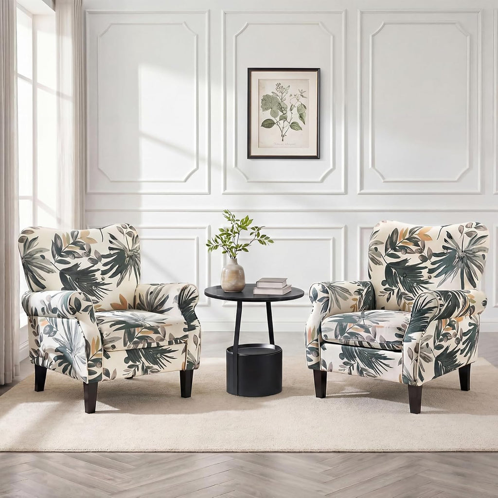YOLENY Mid Century Wingback Arm Chair, Modern Upholstered Fabric High Back Accent Chair with Wood Legs, Upholstered Single Sofa Club Chair for Living Room, Bedroom, Home Office, Grey Green Leaves