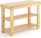 DUMOS Shoe Rack Bench with Storage, 3-Tier Bamboo Entryway Benches, Wooden Shoe Rack Holds Up to 286 lb Storage Organizer, Suitable for Bedroom Living Room Balcony, Classical Wood
