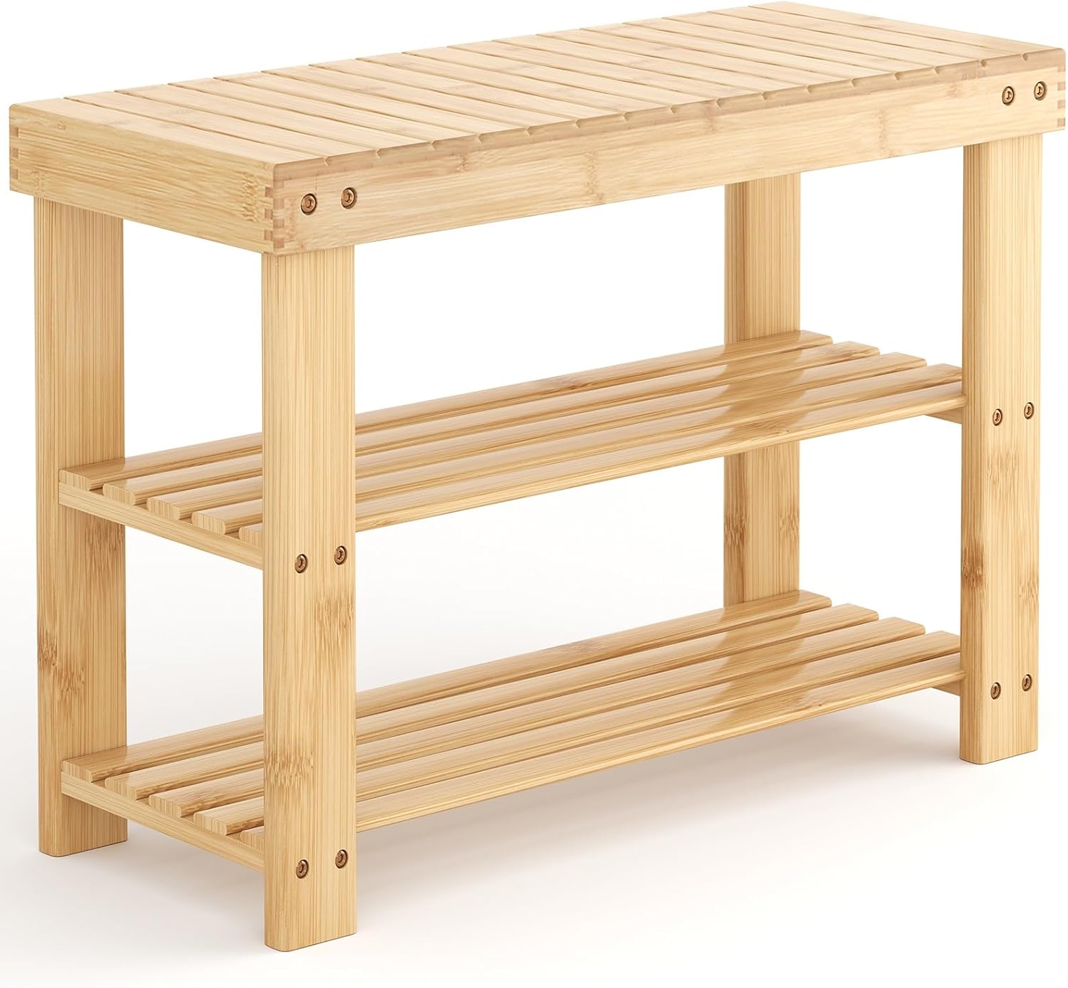 DUMOS Shoe Rack Bench with Storage, 3-Tier Bamboo Entryway Benches, Wooden Shoe Rack Holds Up to 286 lb Storage Organizer, Suitable for Bedroom Living Room Balcony, Classical Wood