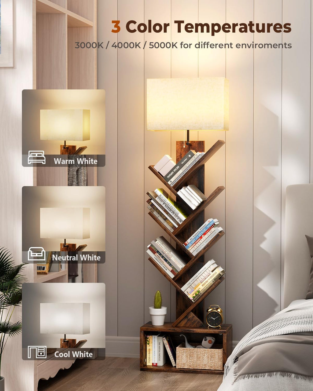Evermagin 6 Tier Tree Bookshelf with Light, Bookcase, Rustic Brown | Narrow Tower Design, Storage Cabinet for Book Organization, Tall Floor Standing Use, Living Room, Bedroom and Home Office