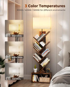 Evermagin 6 Tier Tree Bookshelf with Light, Bookcase, Rustic Brown | Narrow Tower Design, Storage Cabinet for Book Organization, Tall Floor Standing Use, Living Room, Bedroom and Home Office