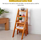 Aimery Library Ladder Chair, 2 in 1 Portable 4-Step Ladders, Wood Foldable Stool for Home, Library, Office(Dark Walnut,A)