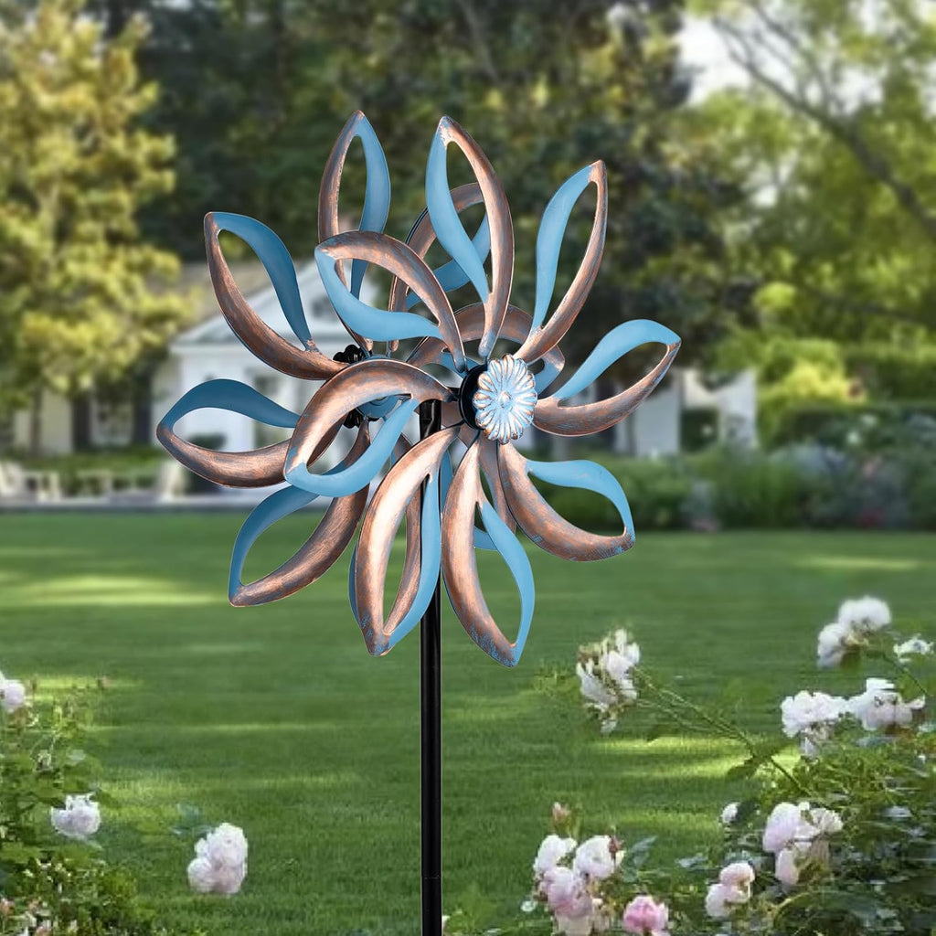 Metal Wind Spinners Outdoor,Vintage Kinetic Wind Spinner Garden Pinwheels with Metal Stake for Patio,Lawn,Garden,Creative Gifts for Women, 57.5 * 13.5 Inch (Blue)