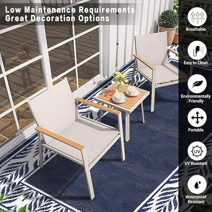 Outdoor Plastic Straw Rug, Waterproof Mat, Washable Large Floor Mat and Rug for Outdoors, RV, Beach, Patio, Camping, Backyard, Deck, Picnic, Outside (5x8ft,Olive-Leaf/Dark Blue&White)