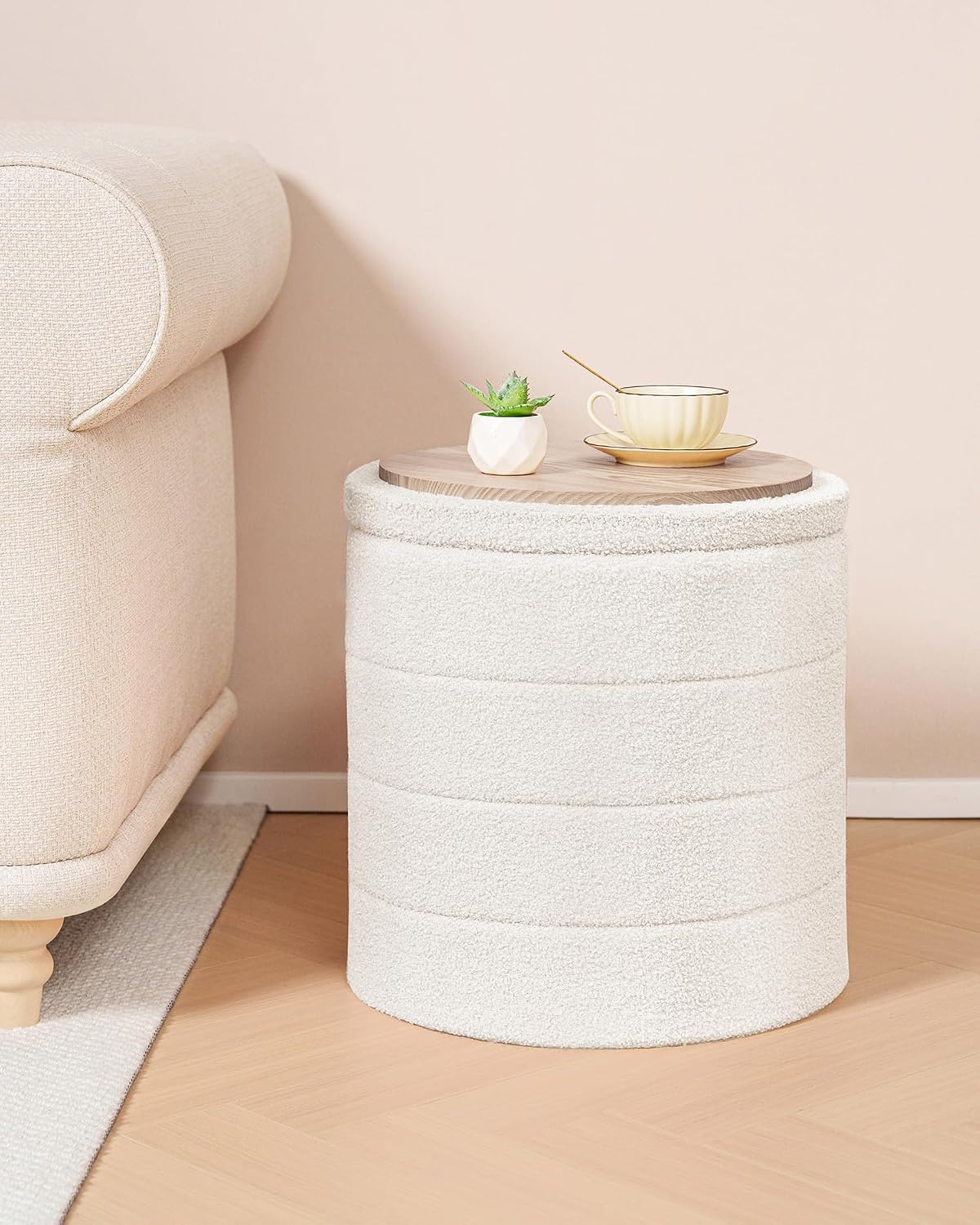 B FSOBEIIALEO Folding Storage Ottoman, Round Sherpa Ottomans, Cream White | 16.9" Foldable Ottoman With Tray, Boucle Foot Stool, Small Storage Coffee Table for Living Room, Bedroom, Hallway