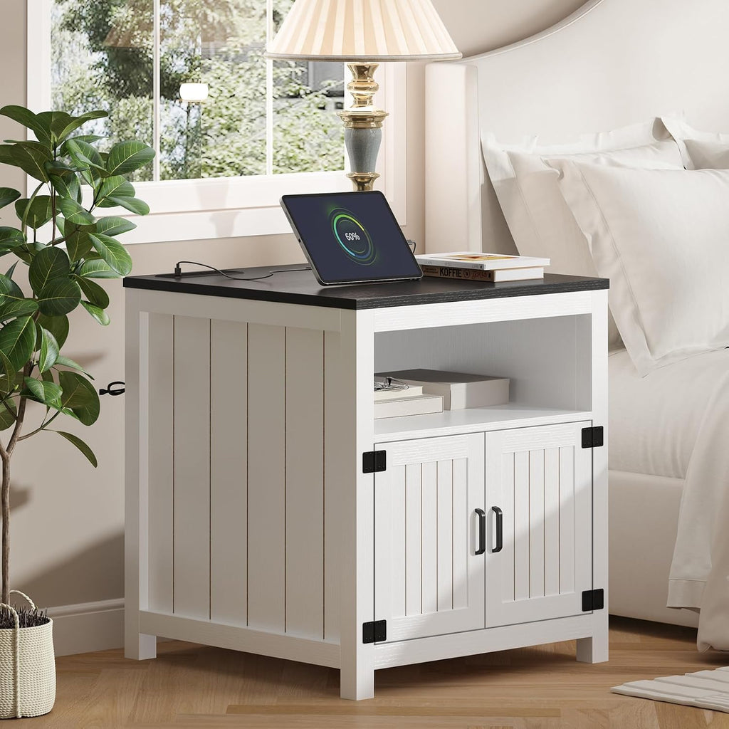 End Table with Charging Station, 23.6''W Large Sofa Side Table with Barn Door, Farmhouse Nightstand for Living Room, Bedroom