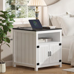 End Table with Charging Station, 23.6''W Large Sofa Side Table with Barn Door, Farmhouse Nightstand for Living Room, Bedroom