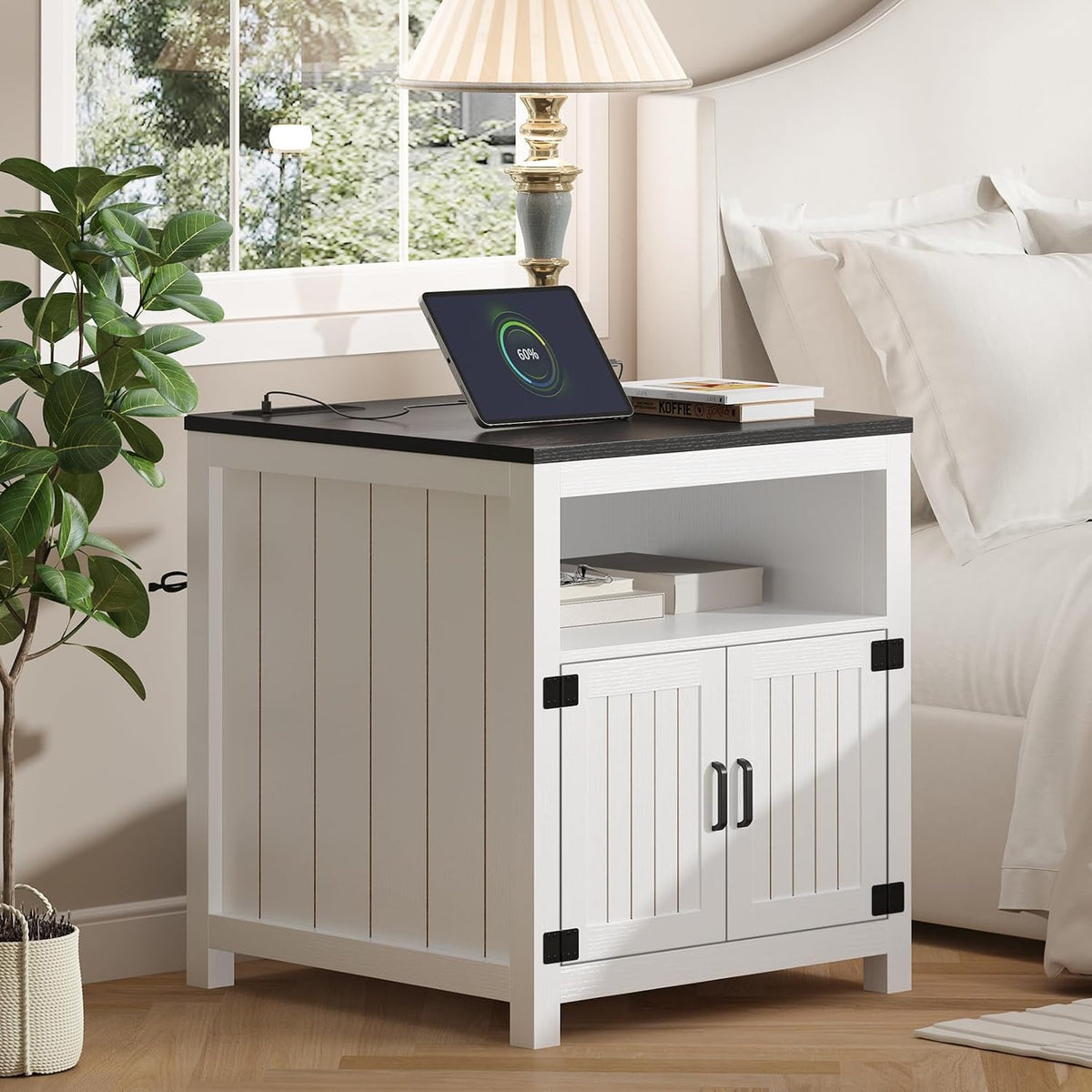End Table with Charging Station, 23.6''W Large Sofa Side Table with Barn Door, Farmhouse Nightstand for Living Room, Bedroom