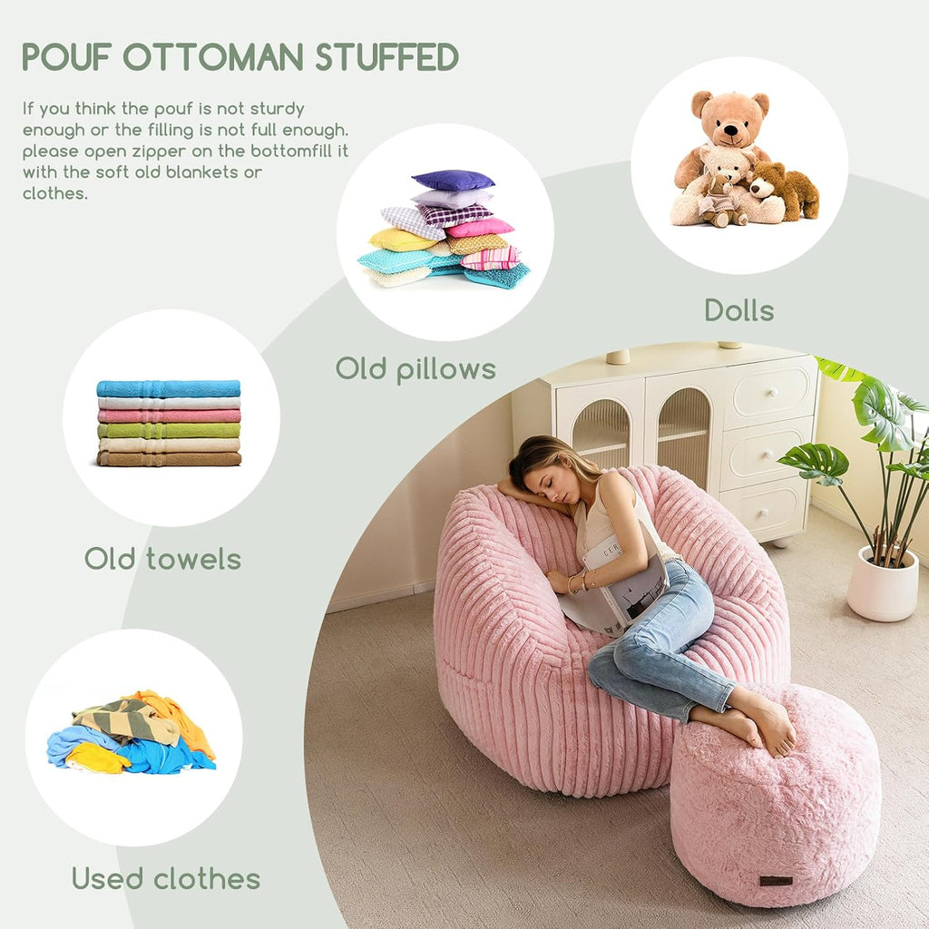HIGOGOGO Pouf Stuffed Ottoman Round Modern Foam Filled Foot Rest Chair Decorative Poufs 26 x 18 Inches Fluffy Boho Comfy Stool for Living Room, Pink