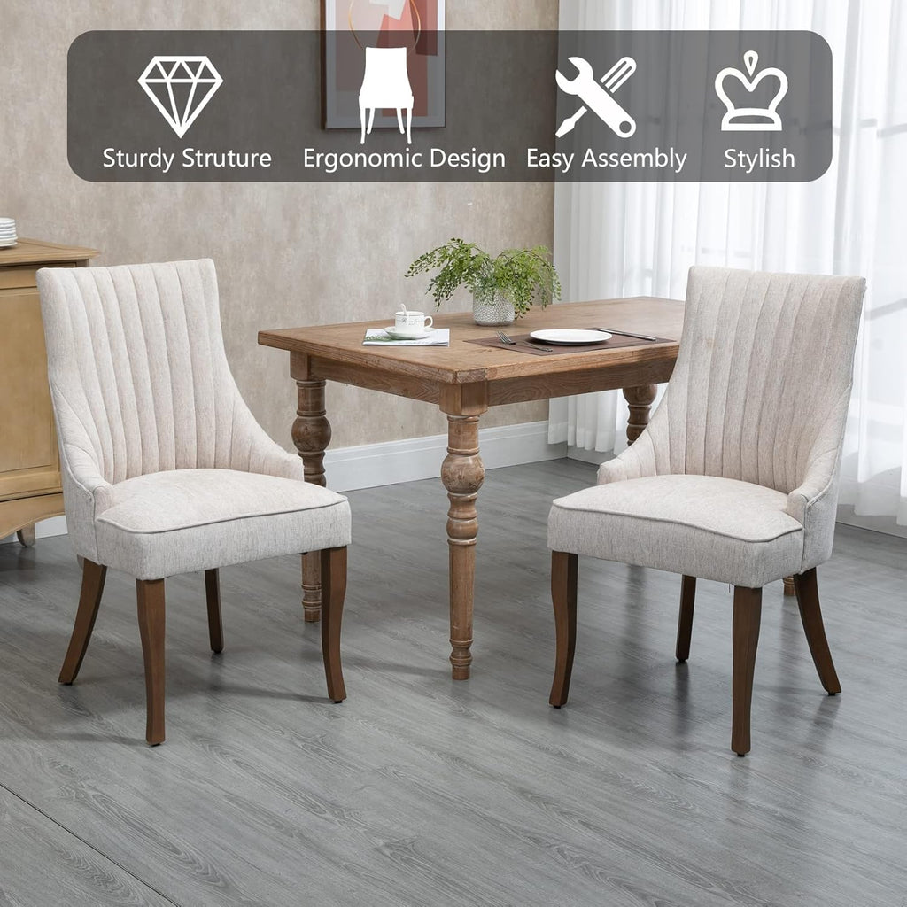 mikibama Linen Beige Dining Chairs Set of 6 Channel Tufted Kitchen Dinner Chair Comfy Fabric Upholstered Accent Chair for Dining Room with Solid Wood Legs