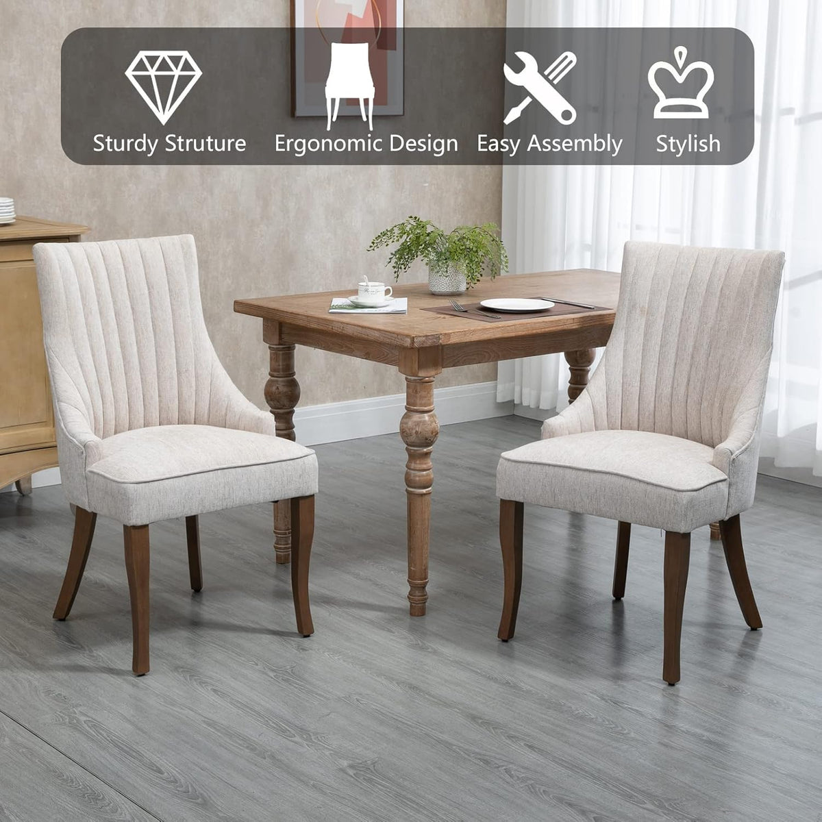 mikibama Linen Beige Dining Chairs Set of 6 Channel Tufted Kitchen Dinner Chair Comfy Fabric Upholstered Accent Chair for Dining Room with Solid Wood Legs