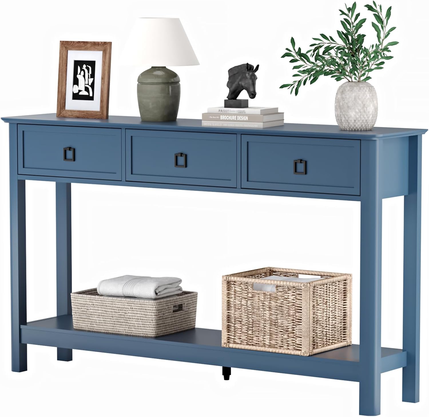 Treocho 53.1" Console Table with 3 Drawers, Sofa Table Behind Couch, 2 Tier | Long Entryway Table with Storage, Modern, For Hallway, Living Room, Blue