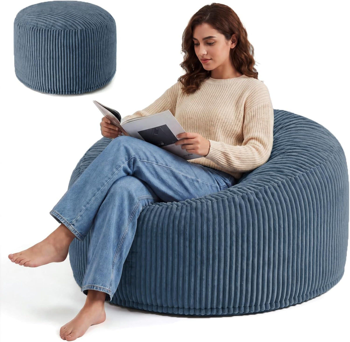 3FT Bean Bag Chairs for Adults, Medium Memory Foam Beanbags with Machine-Washable Wide Stripe Plush Cover Bean Bag Chair for Living Room Bedroom Dorm Office-Dusty Blue
