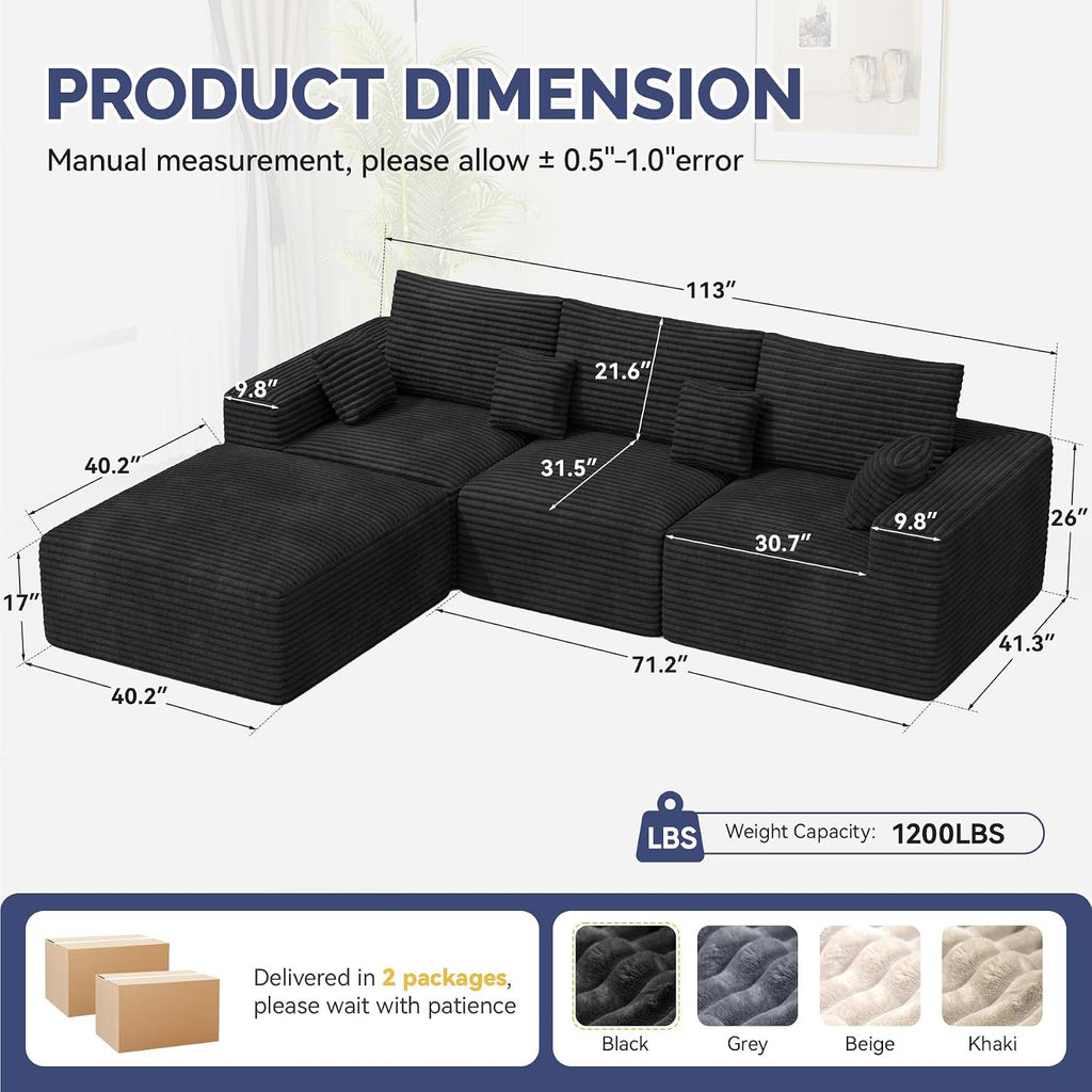 113" L-Shaped Couch, Modern Modular Sectional Sofa with Deep Seat, Convertible Corduroy Cloud Couches for Living Room,Black,1 PCS