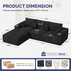 113" L-Shaped Couch, Modern Modular Sectional Sofa with Deep Seat, Convertible Corduroy Cloud Couches for Living Room,Black,1 PCS