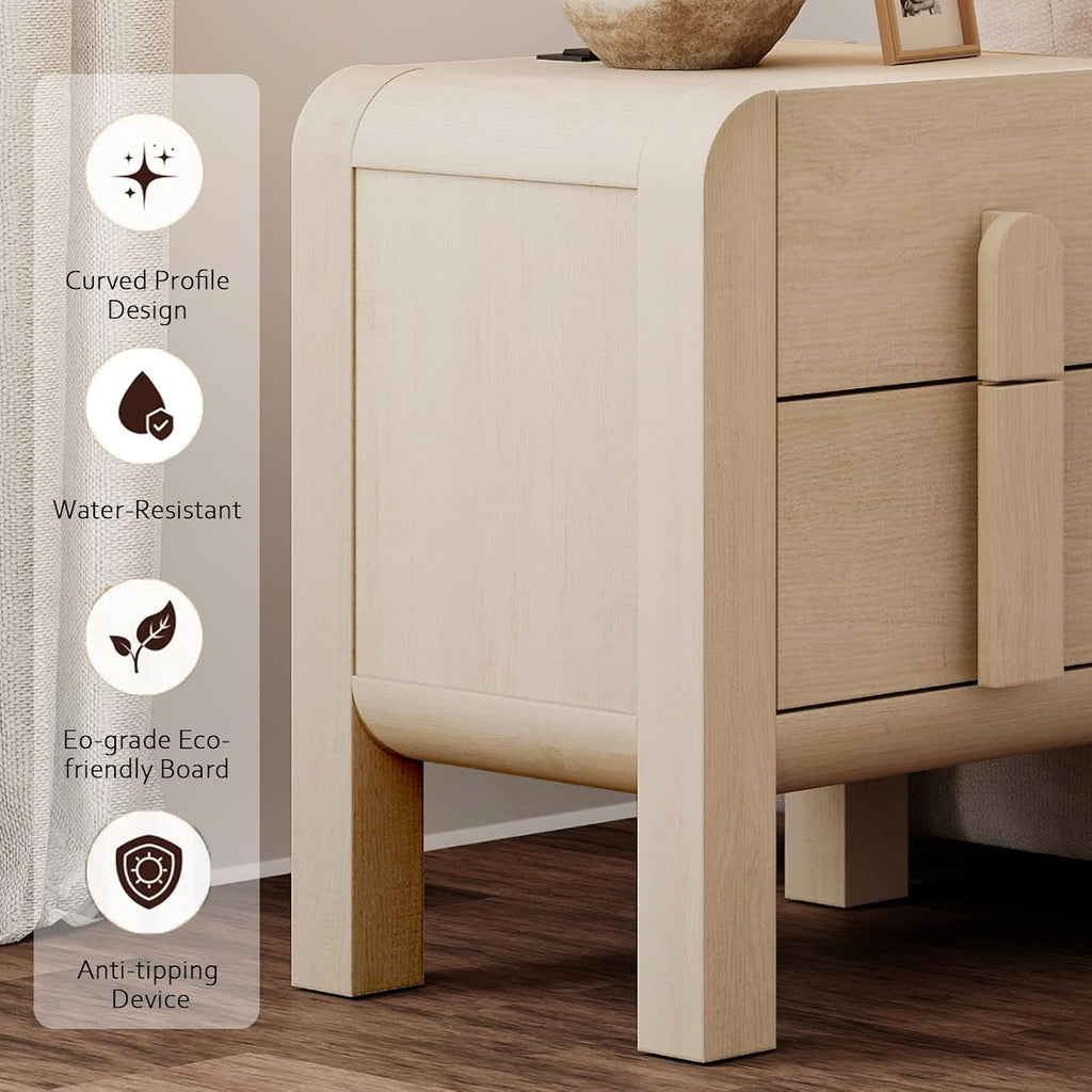 WAMPAT 23.7" Tall Beige Nightstands Set of 2, Modern Mid Century End Table with Charging Station, Wood Bedside Table w/2 Storage Drawers, Side Table Bedside Cabinet for Bedroom,Living Room，Beige