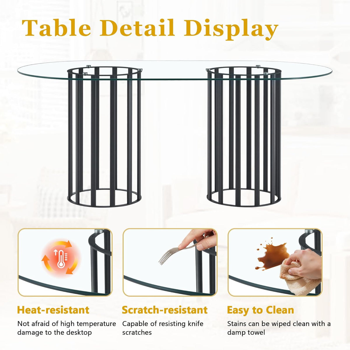 Oval Tempered Glass Dining Table for 4-8 People, 71'' Tall Kitchen Tables for Small Spaces, Modern Dinning Room Furniture, Metal Pillar Base, for Living Room, Kitchen, Dining Room, Black