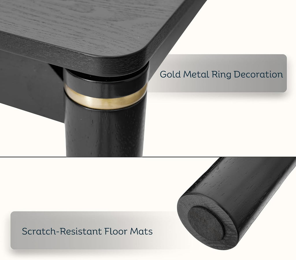 Hyfirm 63 Inch Black Solid Wood Dining Table for 4-6, Mid Century Modern Rectangular Dining Table with Gold Ring Decoration, Farmhouse Dinner Table for Dining Room Restaurant