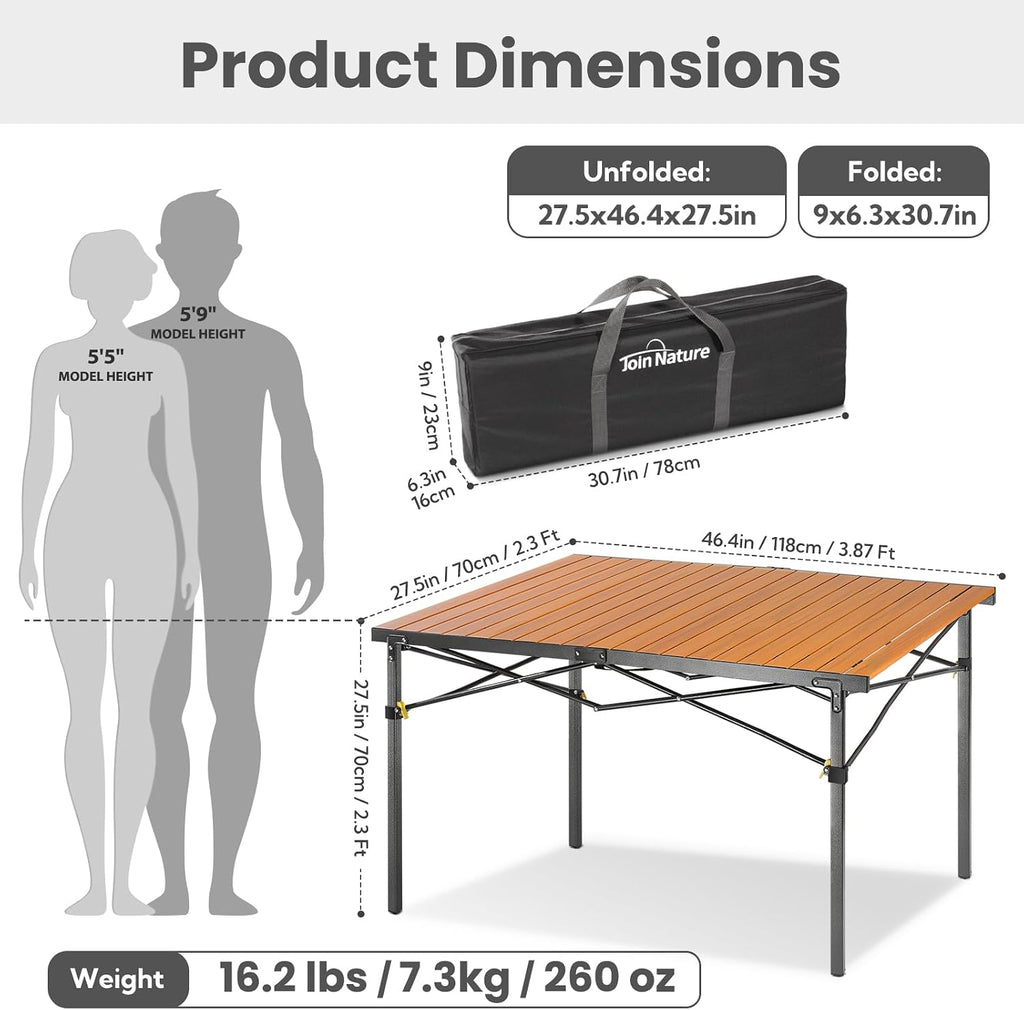 Join Nature 46.4" Large Camping Table for 2-6 People, Heavy Duty Foldable | Camp Table with Aluminum Roll-Up Top & Carry Bag, Supports 220 lbs, Portable Folding Table for BBQ, Tailgating, Backyard
