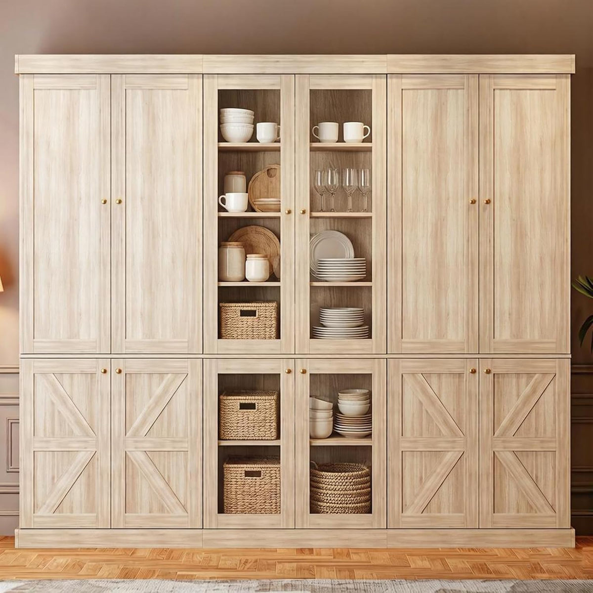 ivaniti 70.8" Tall Farmhouse Kitchen Pantry Cabinet with Glass Doors, Modular Storage Cabinet with 6-Tier Adjustable Shelves, Large Storage Cabinet for Kitchen or Living Room, Set of 3, Brown