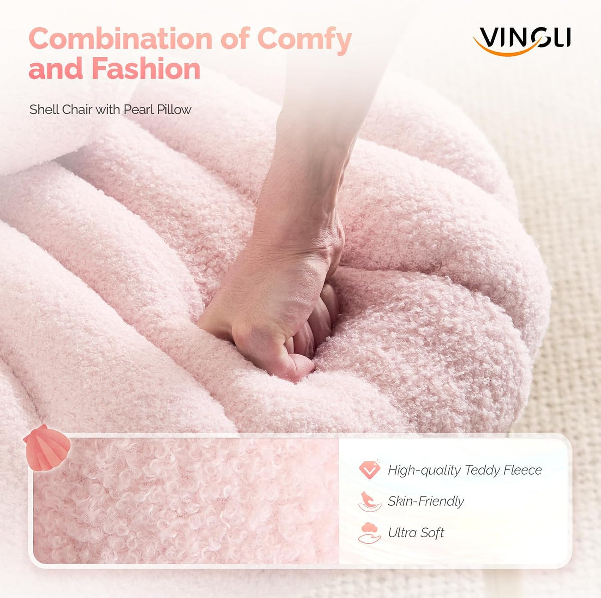 VINGLI Shell-Shaped Teddy Fleece Accent Vanity Chair with Back,Comfy Pink and Gold Desk Chair No Wheels,Cute Small Pearl Deco Pillow,Gift for Girls/Women,for Makeup,Office,Dining,Nail,Sewing,Bedroom