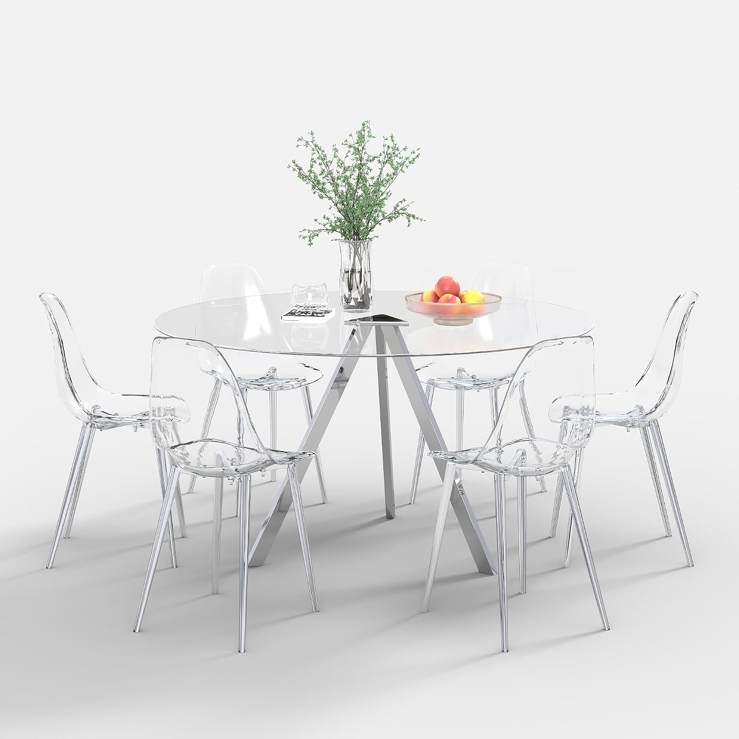 Round Dining Table Set for 6, 47" Clear Tempered Glass Table with Sliver Metal Legs and 6 Transparent Acrylic Chairs, Compact Modern Kitchen Table Set for Small Space Dining Room (Sliver)