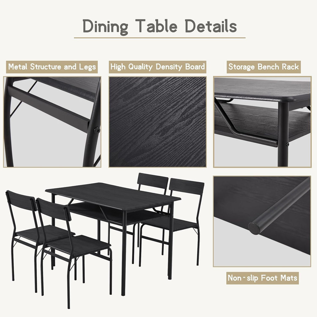 ECOTOUGE Dining Table Set for 4, Wood Kitchen Table and Chairs with Storage Shelves & Metal Frame, Compact Mid-Century Modern Rectangle Dinner Table Sets for Small Space, Apartment, Black
