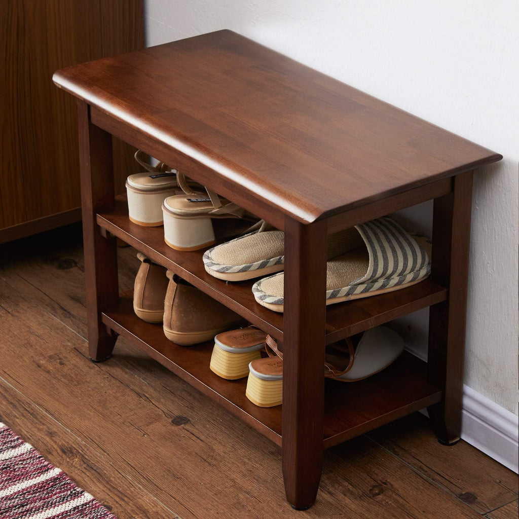 XKZG Shoe Rack Bench Wooden Shoe Storage Bench Entryway Bench, Brown, 23.6" | Rubber wood, Shoe Bench for Entryway, Living Room, Bedroom, Balcony, 23.6"W x 11.8"D x 16.5"H