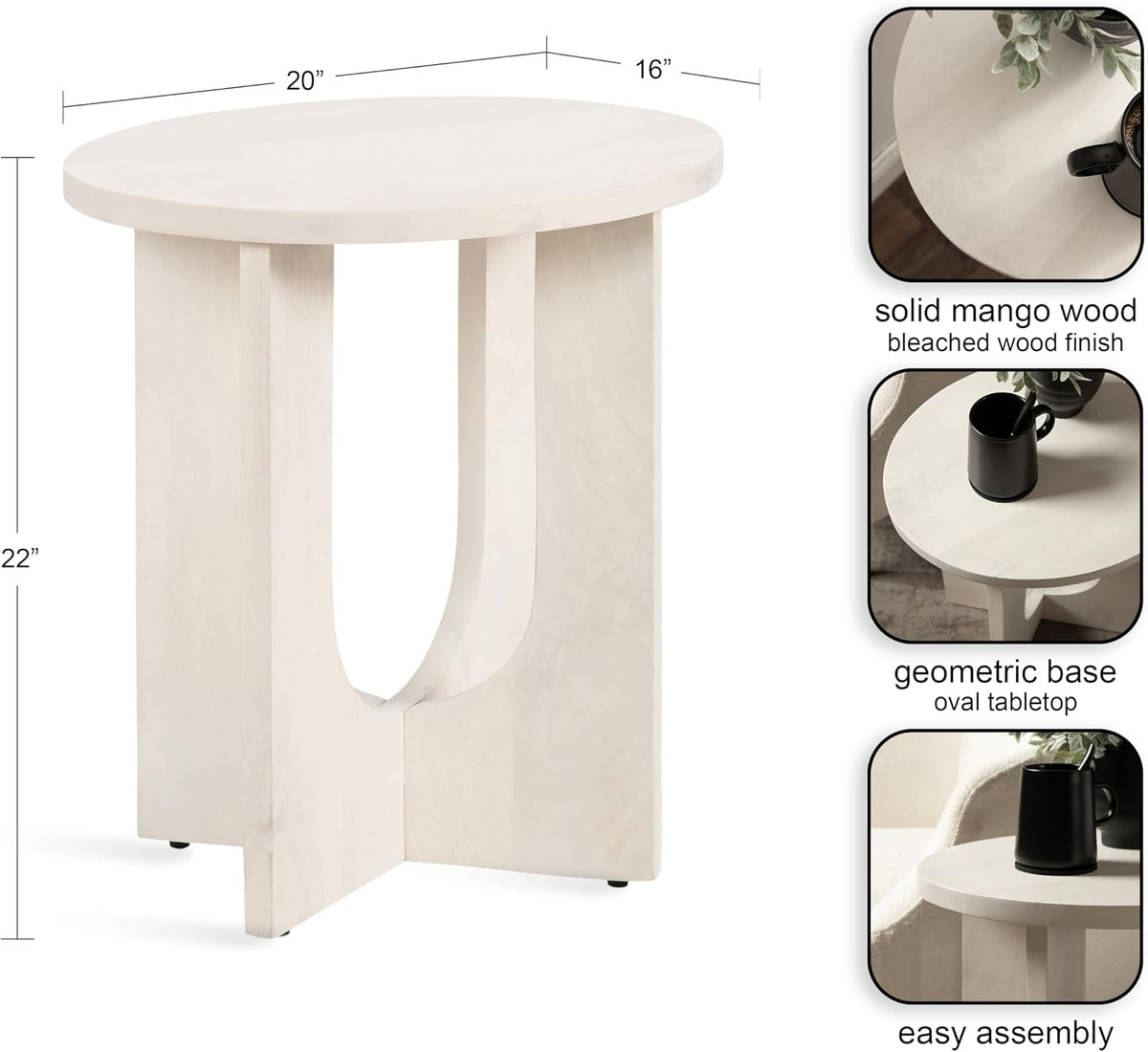Kate and Laurel Sureda Modern Wooden Oval Side Table; 20 x 16 x 22; Bleached Wood; Transitional Wood End Table for Use as Bedroom Nightstand or Living Room Plant Stand Table