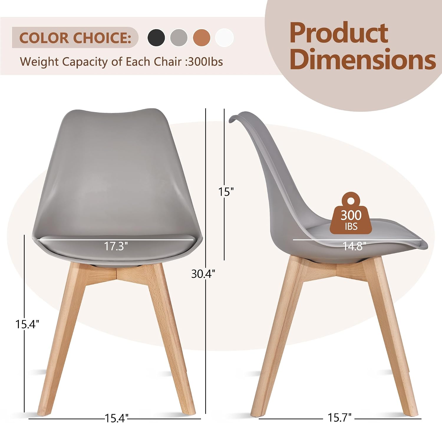 VECELO Dining Chairs Set of 4, Mid-Century Modern Kitchen & Dining Room Chairs, PU Leather Upholstered Seat, Solid Wood Legs, Armless, Non-Slip Feet, Grey