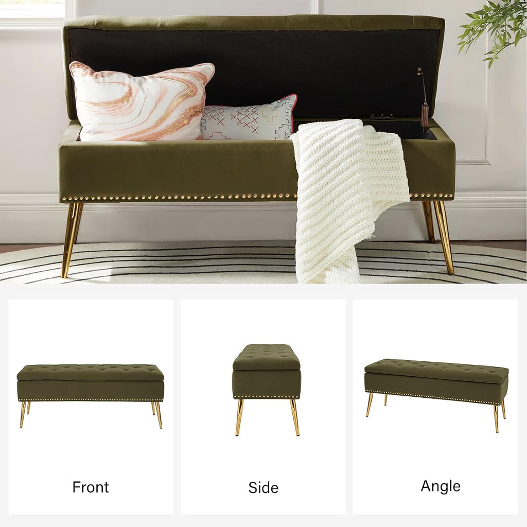 HULALA HOME Modern Velvet Storage Ottoman Bench with Gold Base & Nailhead Trim, Upholstered Bedroom Bench for End of Bed, Button-Tufted Footstool for Entryway Living Room Dining Room, Moss
