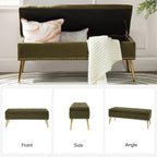 HULALA HOME Modern Velvet Storage Ottoman Bench with Gold Base & Nailhead Trim, Upholstered Bedroom Bench for End of Bed, Button-Tufted Footstool for Entryway Living Room Dining Room, Moss