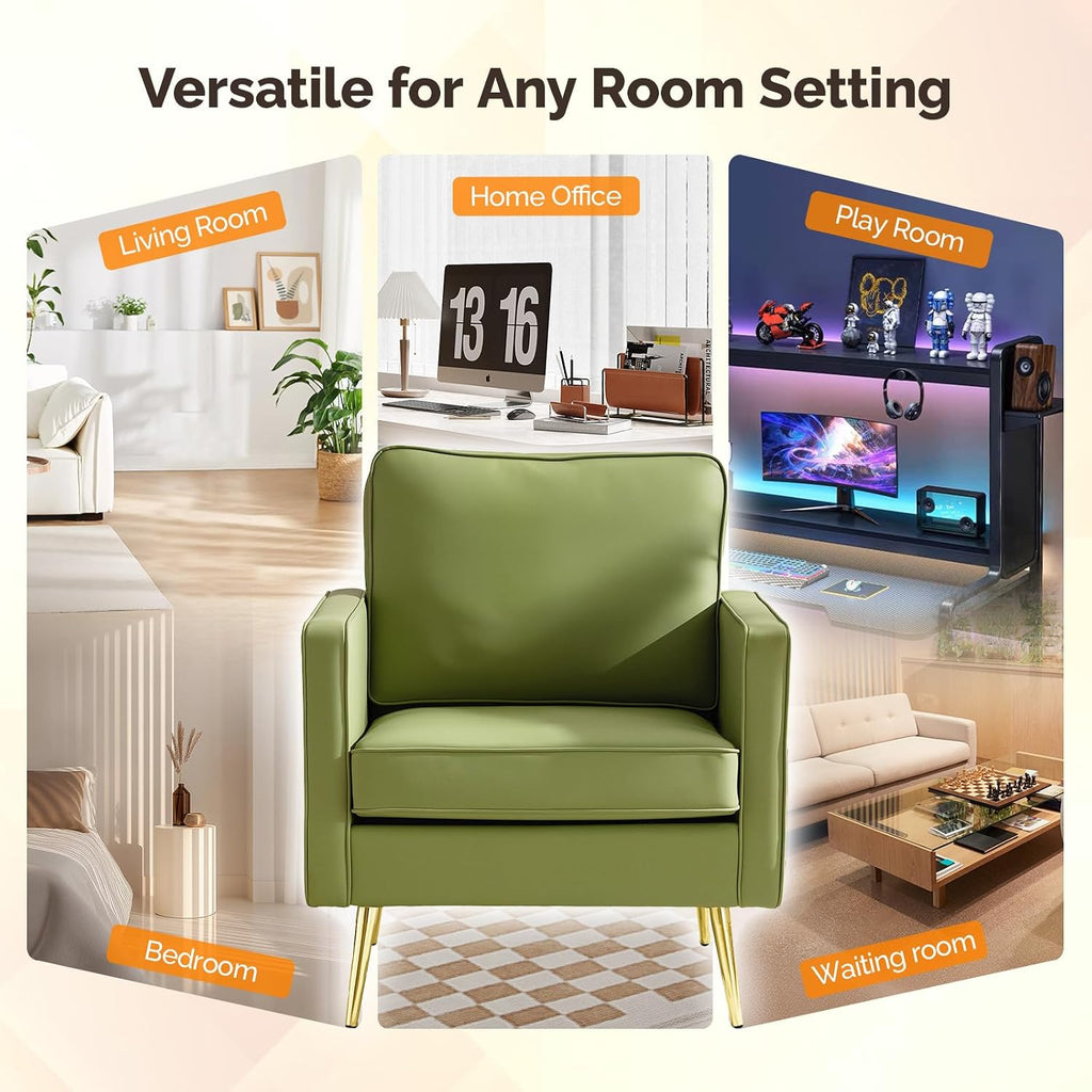 VINGLI Faux Leather Accent Chair with Gold Leg for Living Room, Small Space | Brown Armchair, Thick Foam Cushion, Durable Faux Leather PU, Sturdy 380 LB Frame, Elegant Gold Legs, Compact Modern Design