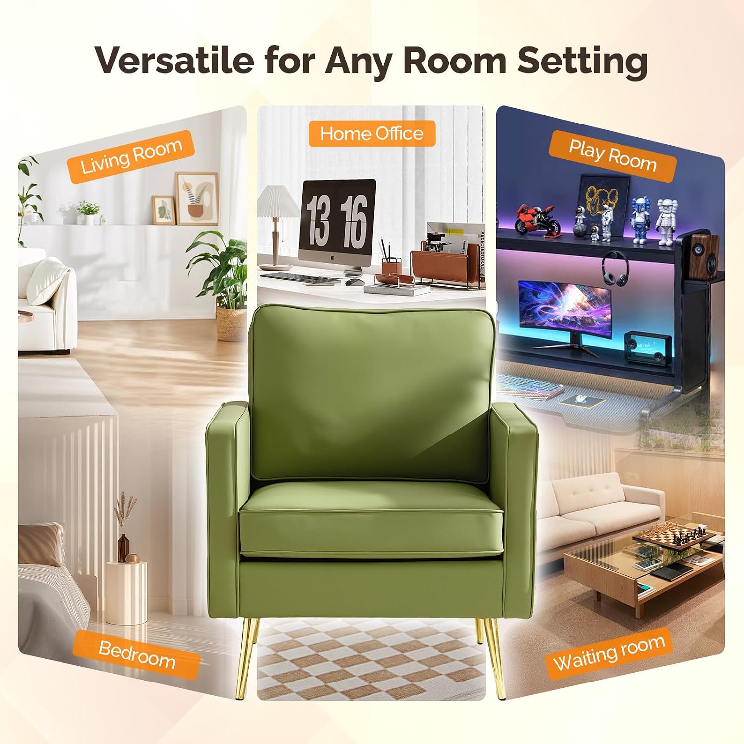 VINGLI Faux Leather Accent Chair with Gold Leg for Living Room, Small Space | Brown Armchair, Thick Foam Cushion, Durable Faux Leather PU, Sturdy 380 LB Frame, Elegant Gold Legs, Compact Modern Design