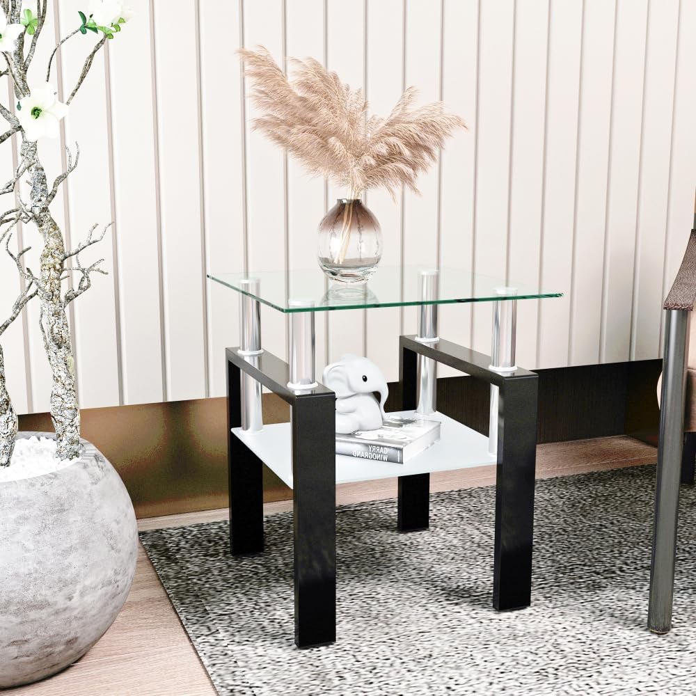 Set of 2, Modern Tempered Glass Tea Table Coffee Table End Table, Square Table for Living Room, Black