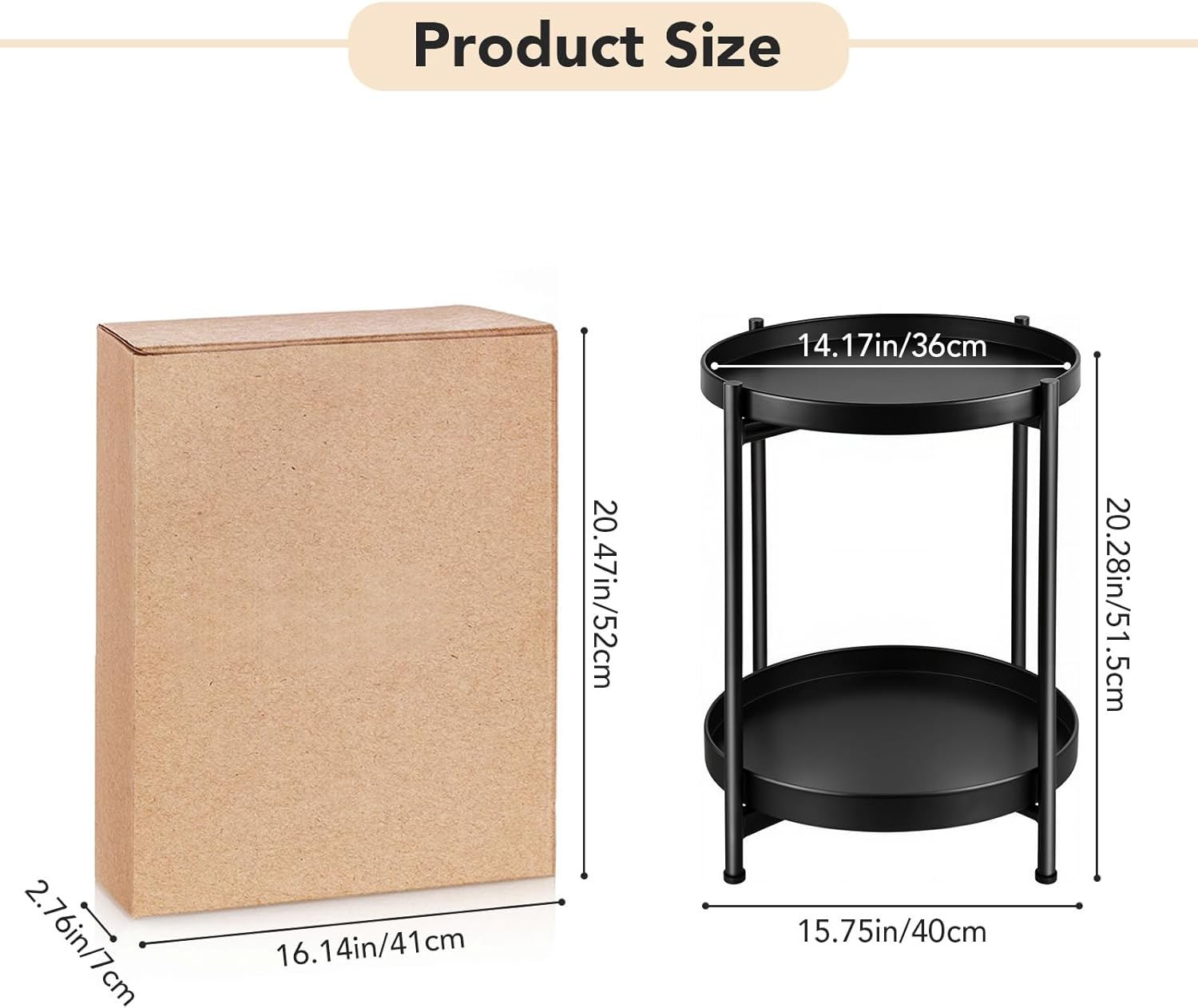 Foldable 2-Tier Round Side Table, Metal End Table with Storage for Indoor Outdoor Use, Small Coffee Table for Living Room, Bedroom, Patio, Black