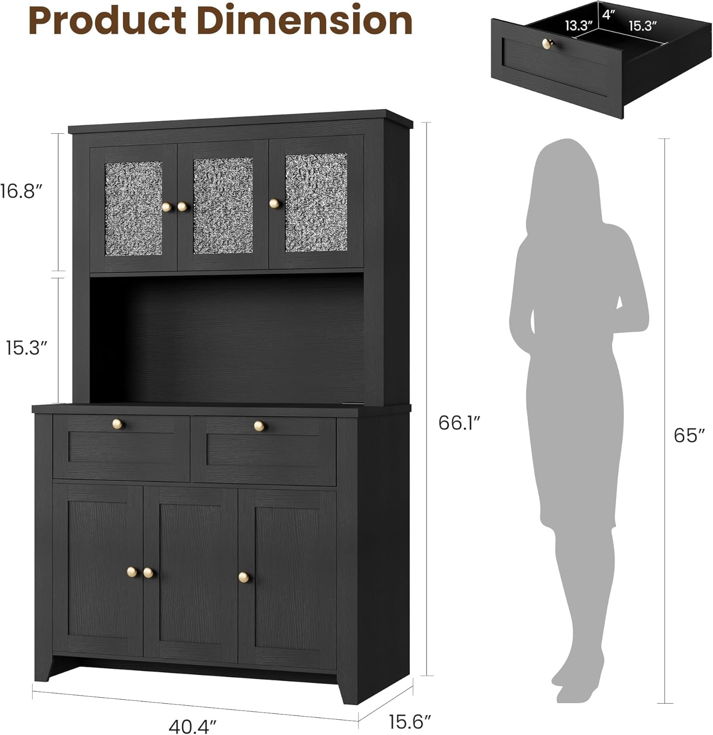 GAOMON 66" Tall Kitchen Pantry Cabinet, Modern Kitchen Hutch with Charging Station, Large Coffee Bar Storage Cabinet with Glass Doors and Drawers, Black
