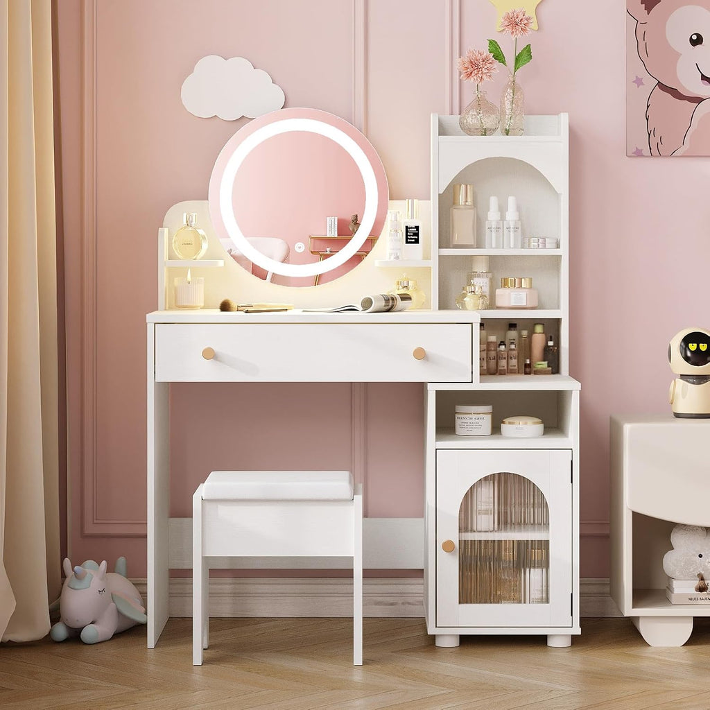 Vabches Kids Vanity with Mirror & Lights,Princess Toddler Vanity Table | 2 in 1 Princess Makeup Vanity Desk Wooden Pretend Play Vanity Desk and Chair Set for Little Girls,White